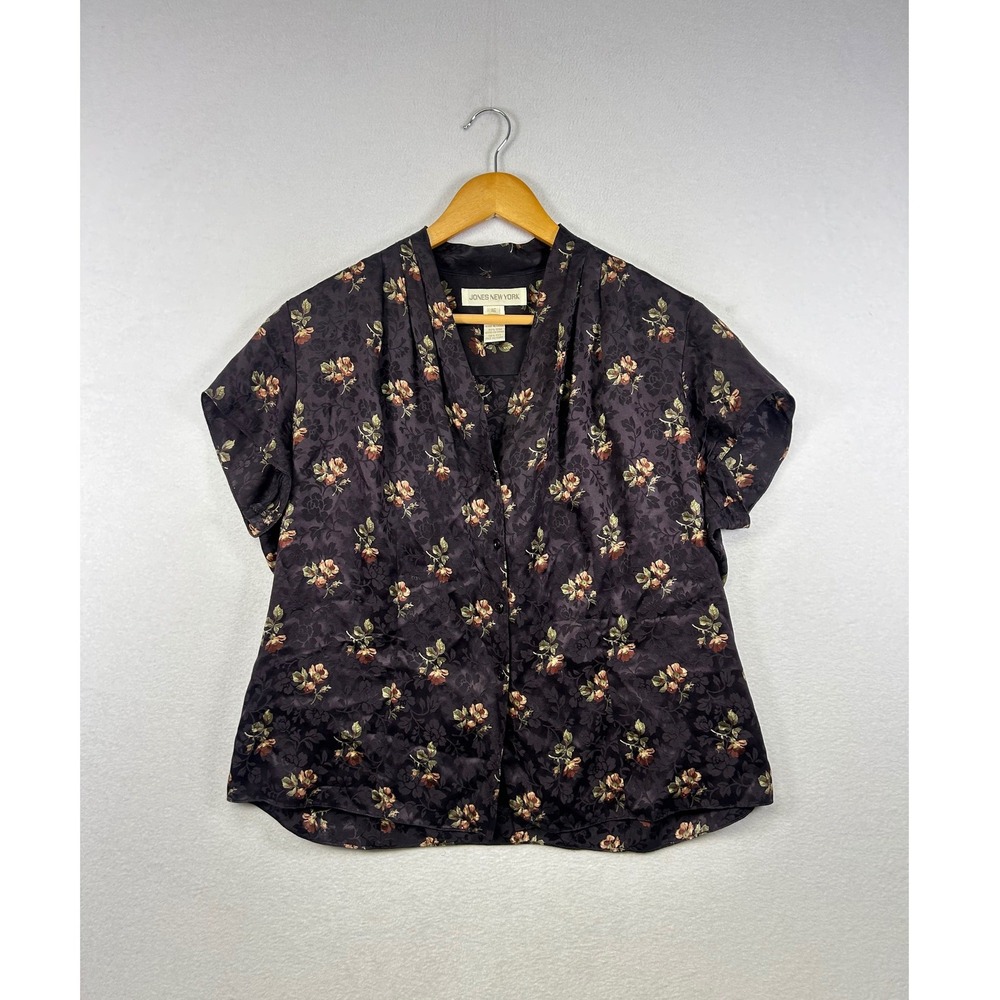 JONES NEW YORK‎ Womens Floral 100% Silk Short Sleeve V-Neck Blouse Top Size 16